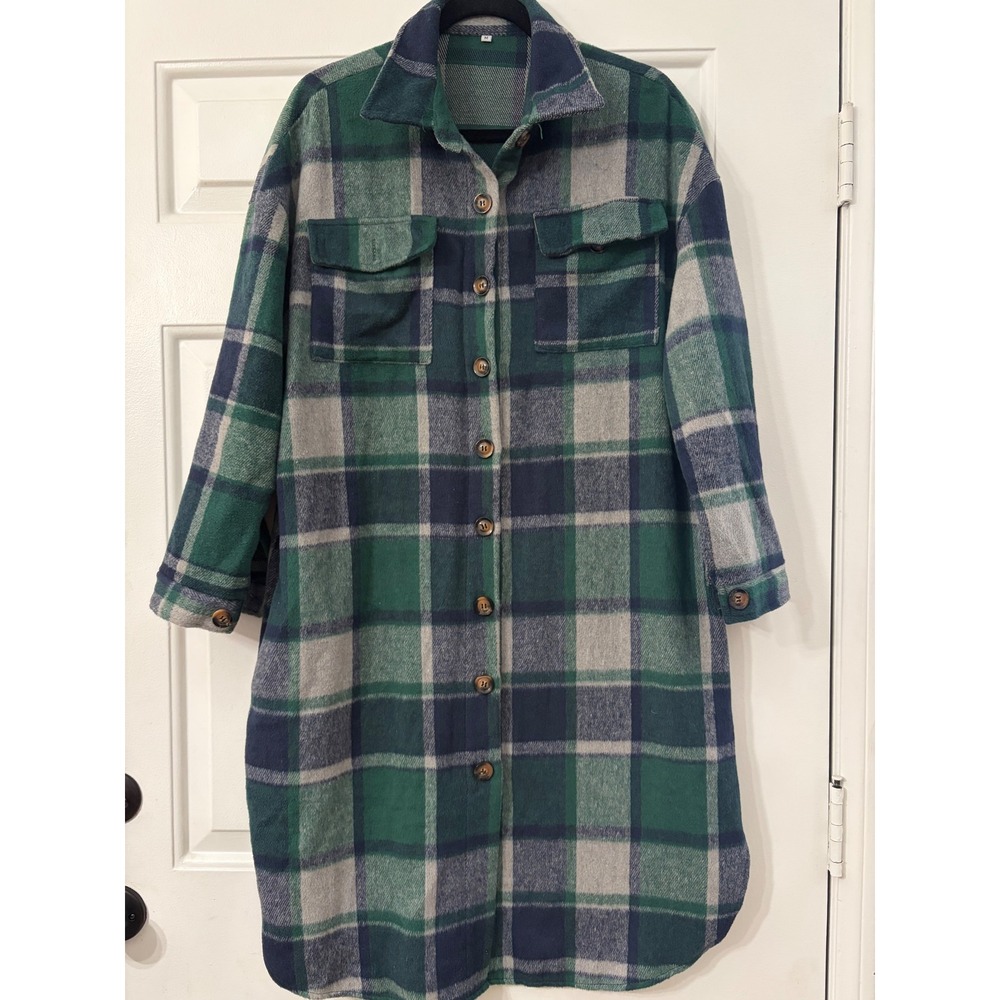 | Longline Plaid Button Down Shacket Jacket | Medium || Green Blue|